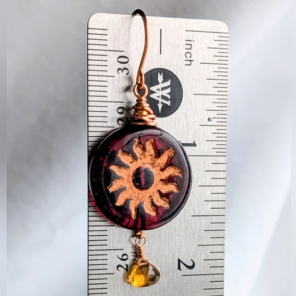 Celestial Sun Earrings Artisan Crafted Copper Wrap Congnac Citrine Drops - Picture 5 of 16